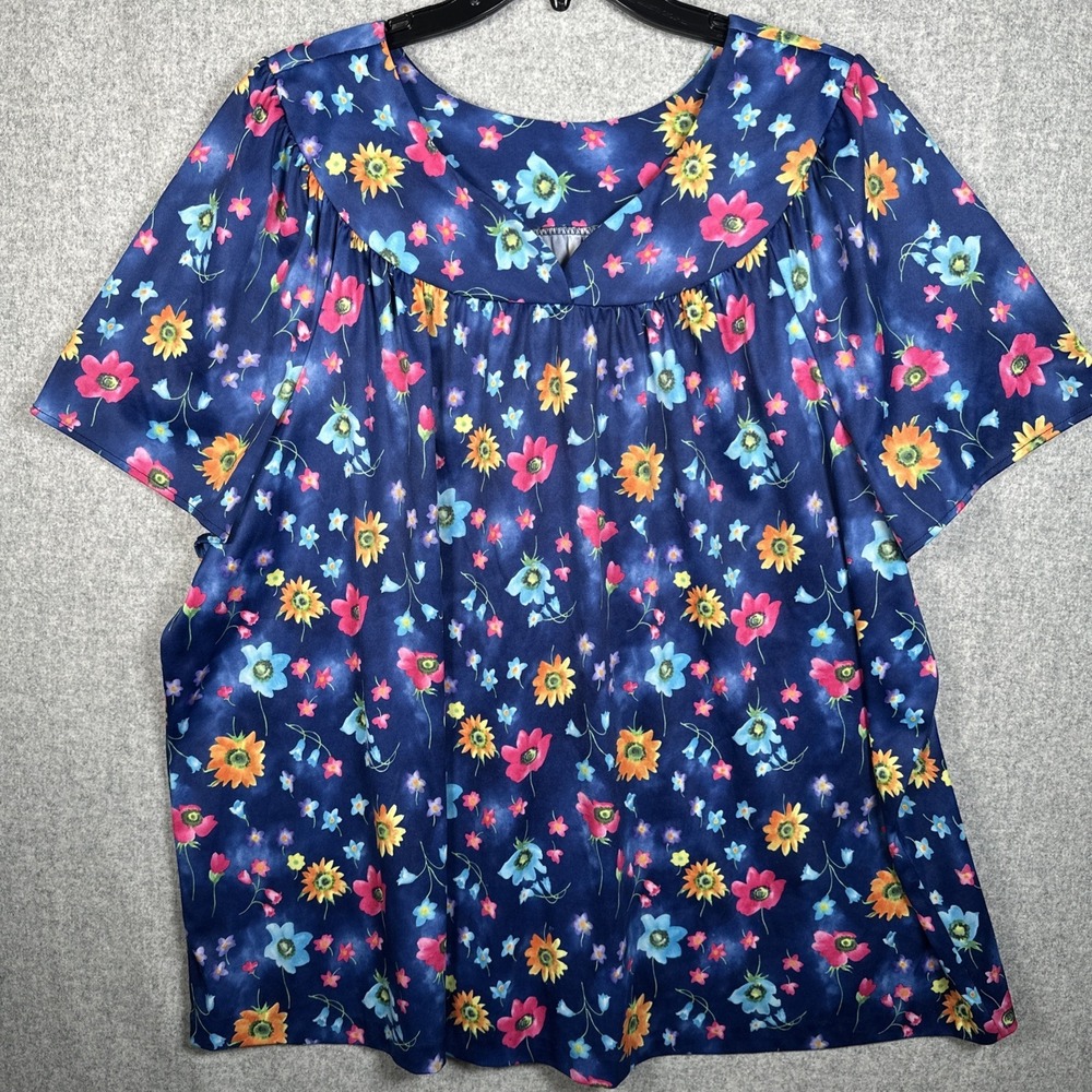 Vintage Plus Size 1X Womens Top MuuMuu Shirt Peasant Hawaiian Floral Boho Blue